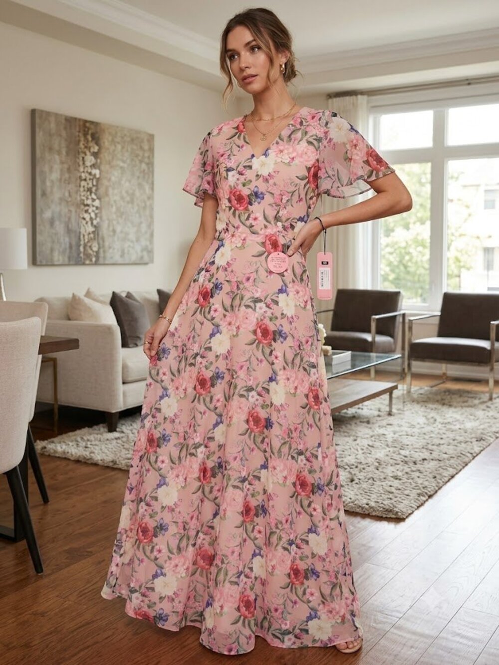NWT Chi Chi London Freida Floral Maxi Dress Nude Pink Size UK 6 US 2